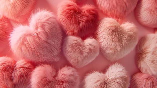 Fuzzy Love 3D Fur Hearts tessuto con una palette di colori pastel rosa e rosso che aggiunge calore e morbidezza ai disegni romantici