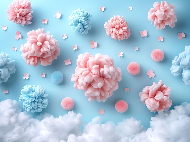 Fuzzy Pom Pom Clouds con Fluffy Pom Pom Texture Tactile Col Collezione di decorazione di sfondo creativa