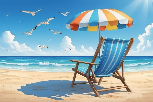 Gabbiani che volano nel cielo blu estivo sopra una sedia da spiaggia a righe illustrazione di stock