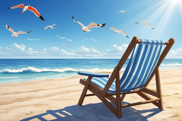 Gabbiani che volano nel cielo blu estivo sopra una sedia da spiaggia a righe illustrazione di stock