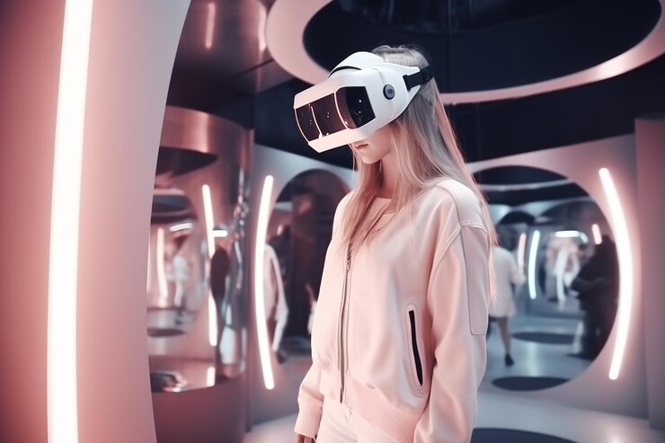 Gadis dengan headset VR berjalan di toko wanita pelanggan menggunakan AI generatif realitas virtual