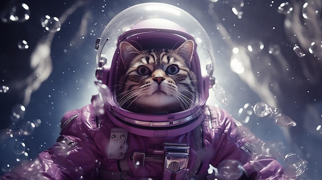 Galactic Catwalk Full Body Shot di un gatto in una tuta spaziale viola