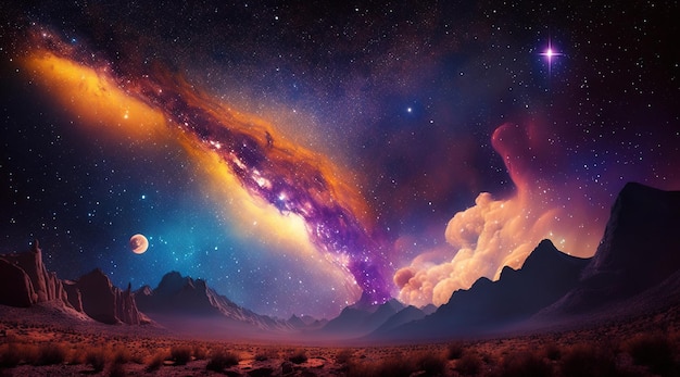 Galassia al neon lontana nello spazio stelle nebulose e materia oscura generativa ai