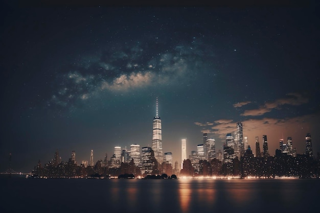 Galassia della Via Lattea Luci notturne dei grattacieli di Midtown Manhattan Ai generative