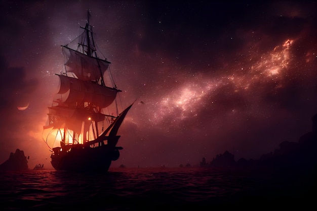 Galeone dei pirati che naviga di notte Vista del paesaggio