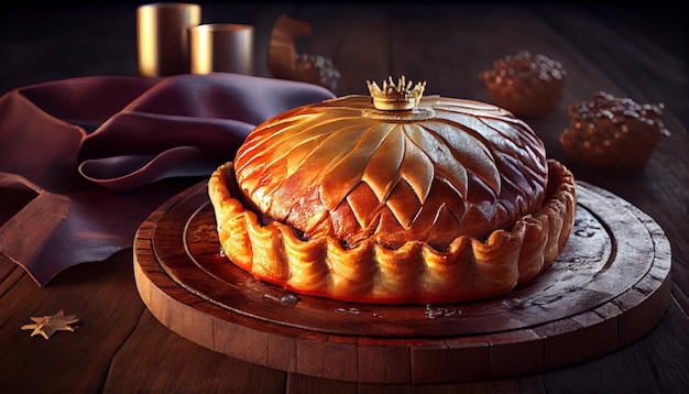 Galette des rois sul tavolo di legno tradizionale torta dell'Epifania in Francia il Ringraziamento e la Festa del Raccolto Novemer 23 AI generativa