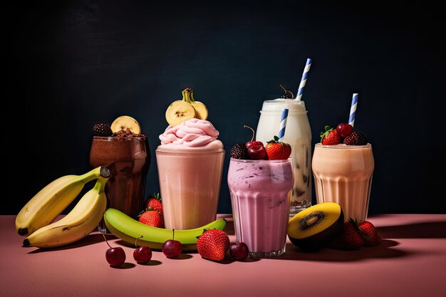 Galleria di frappè a base di frutta con frutti freschi e succosi visibili creati con l'IA generativa