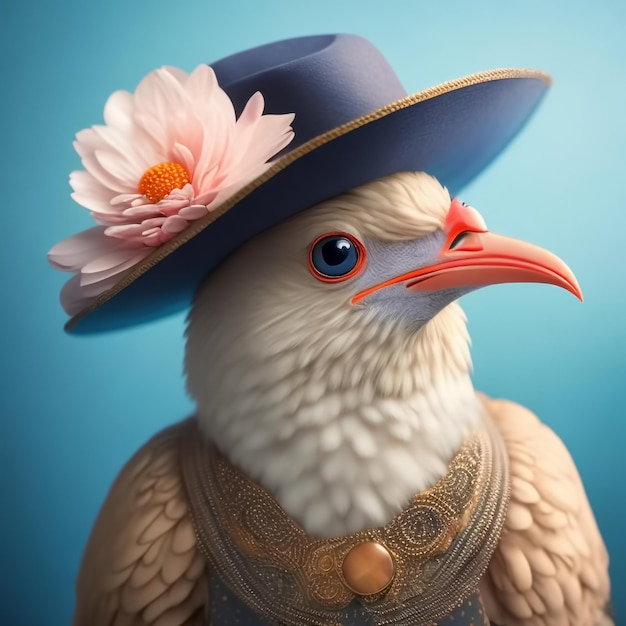 Gallina in cappello con un fiore e in abiti antichi IA generativa