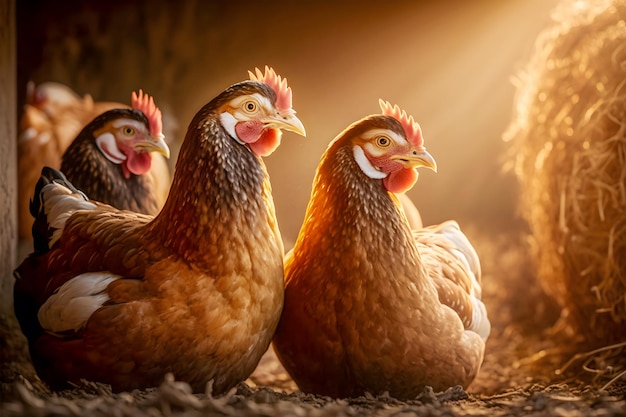 Galline ovaiole su fondo sfocato dell'interno dell'azienda avicola