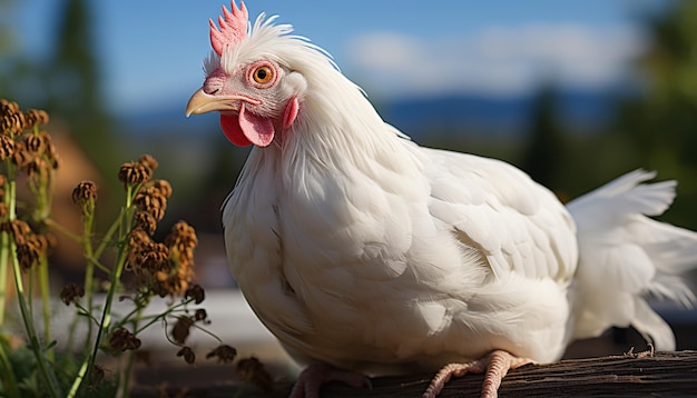 Gallo carino in piedi nell'erba guardando la fotocamera generata dall'intelligenza artificiale