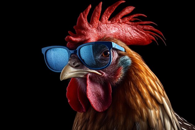 gallo che indossa occhiali da sole e un pettine rosso con un becco blu ai generativo