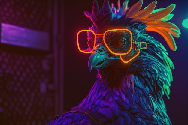 Gallo da discoteca con luce al neon stile cyber retrò di pollo Generative AI