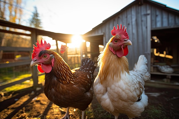 Gallo e pollo nel pollaio della fattoria