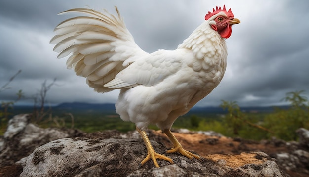 Gallo in libertà in piedi in un prato rurale generato dall'AI