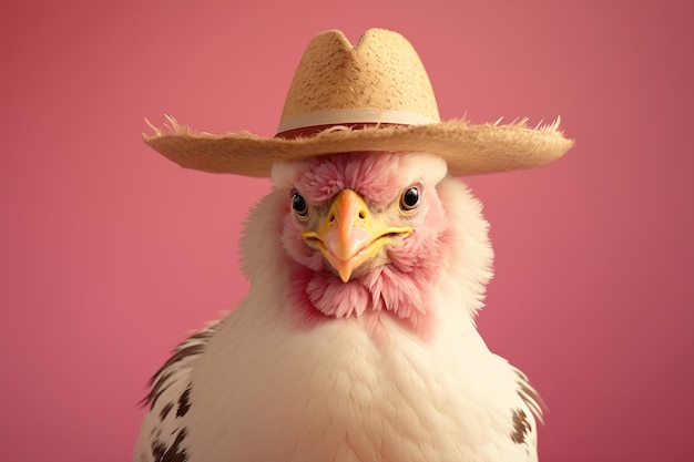 Gallo in un cappello da cowboy su sfondo giallo Generazione AI