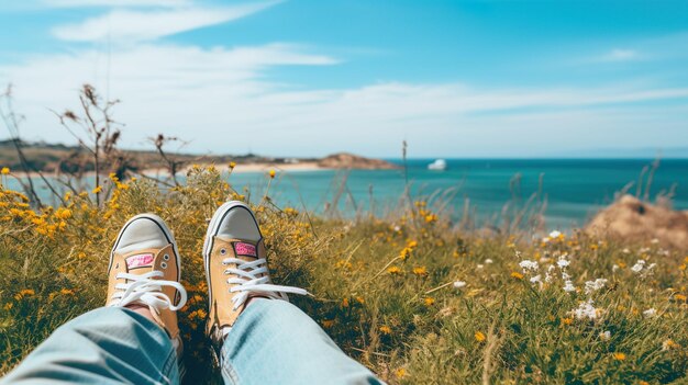 Gamba con sneaker sull'erba mentre sei seduto vicino all'oceano guardando il paesaggio IA generativa