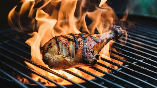 Gamba di pollo alla griglia in fiamme