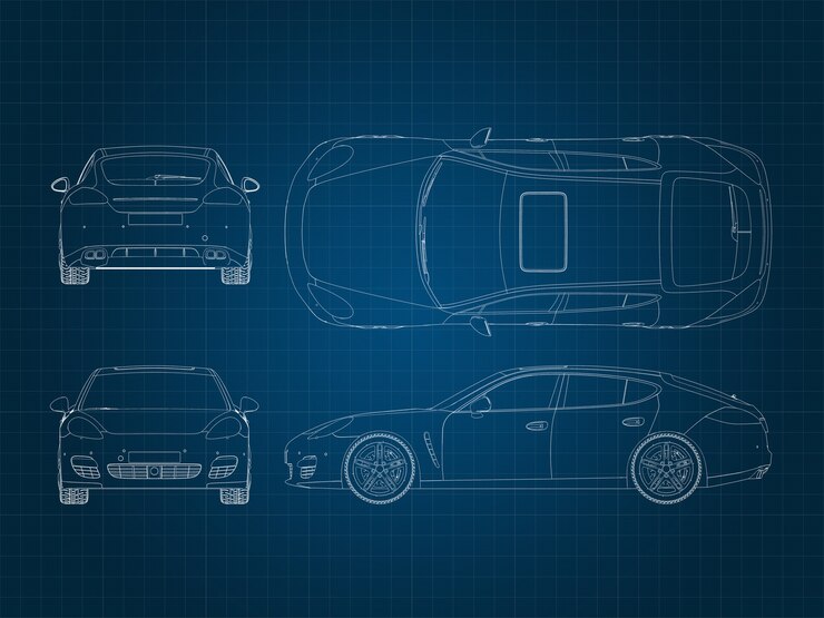 Gambar sebuah mobil dan bagian-bagiannya di atas substrat milimeter biru