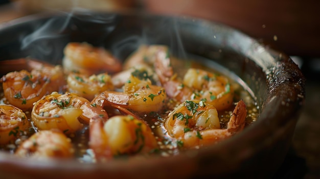 Gambas al Ajillo gamberetti succulenti salati in olio d'oliva con schegge di aglio e peperoncino spesso fiammeggiati con vino bianco serviti frizzanti in un piatto tradizionale di terracotta