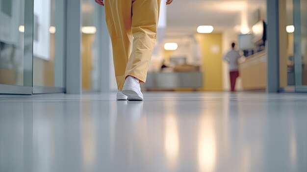 Gambe assistenti che camminano in ospedale Focalizzazione selettiva sulla gamba e sfondo sfocato con spazio di copia nel pavimento epossidico dell'ospedale moderno AI generativa