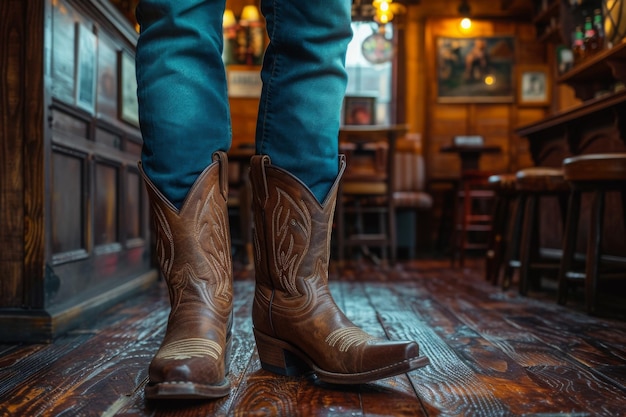 Gambe d'uomo con stivali da cowboy in un saloon occidentale