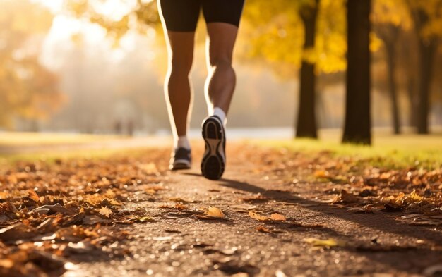 Gambe dell'uomo del parco di corsa mattutina autunnale AI generativa