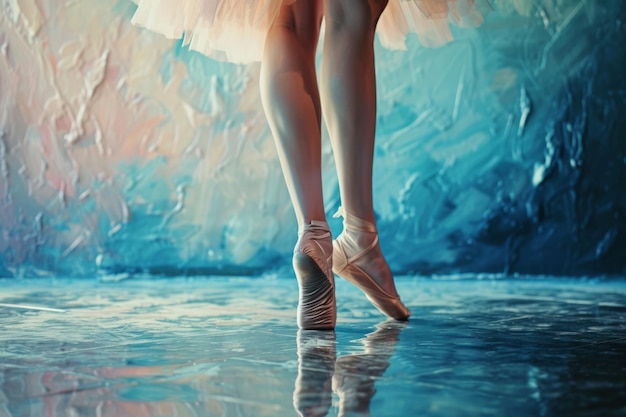 Gambe di ballerina su scarpe a punta close-up concetto di balletto classico e moderno IA generativa