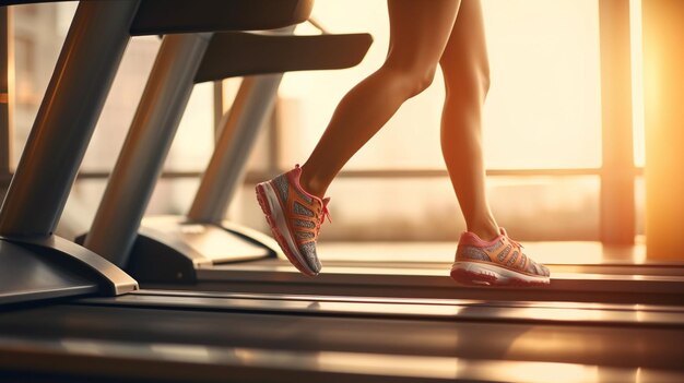 gambe di donna sul tapis roulant in palestra closeup