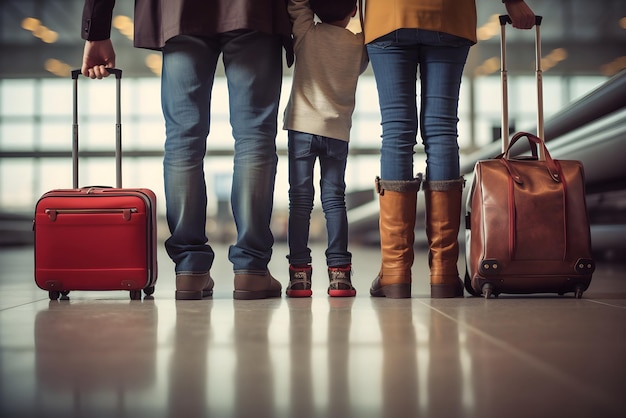 gambe di famiglia con valigie nel terminal dell'aeroporto IA generativa