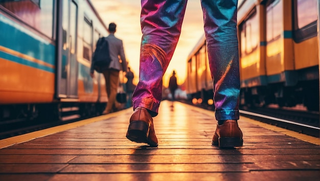 Gambe di pendolari che camminano accanto a un treno suburbano persone che prendono i trasporti pubblici tra casa e