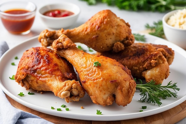 Gambe di pollo fritte su un piatto bianco