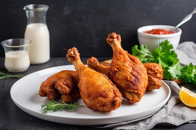 Gambe di pollo fritte su un piatto bianco