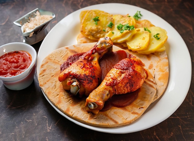 Gambe di pollo servite su pane piatto un piatto di patate e salsa di pomodoro