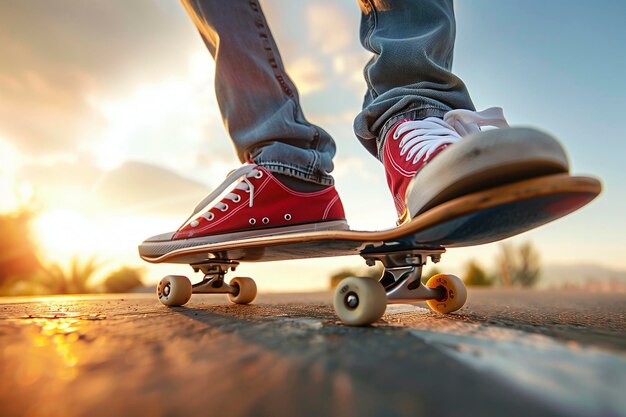 gambe di skateboard sullo sfondo della città al tramonto