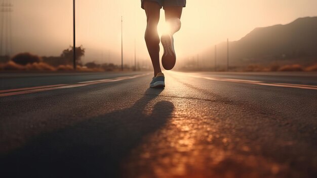 Gambe di un corridore sulla strada al tramonto Azione sportiva e concetto di sfida umana Allenamento da perdere