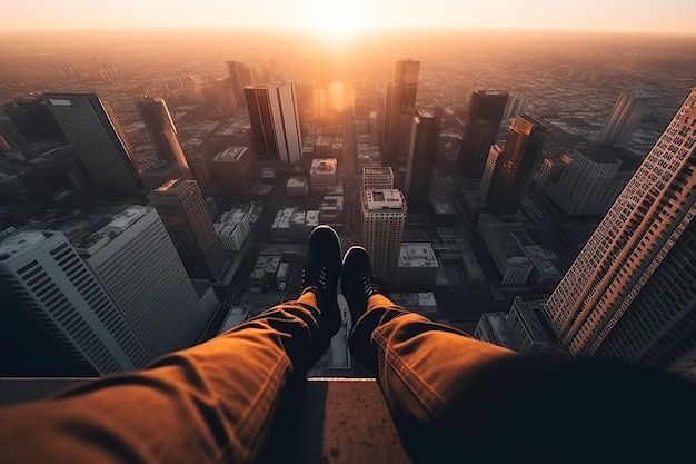 Gambe di un roofer seduto sul tetto di un grattacielo con vista sulla città al tramonto IA generativa