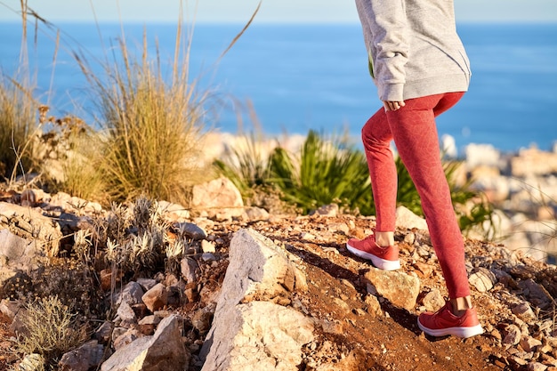 Gambe e piedi delle donne che camminano in scarpe da ginnastica su asfalto al sole