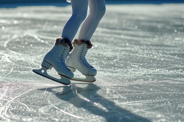 Gambe femminili in pattini da pattinaggio artistico che scivolano sull'arena di ghiaccio