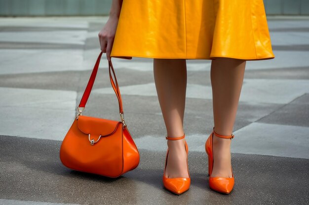 Gambe femminili in scarpe arancioni vibranti con AI di borsa corrispondente