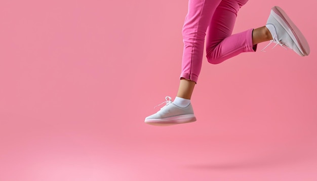 gambe femminili in scarpe rosa che volano su sfondo rosa