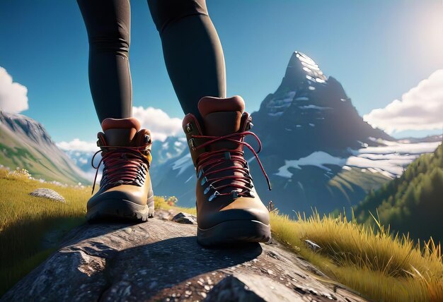 gambe femminili in stivali da trekking sullo sfondo delle montagne e della natura concetto di trekking