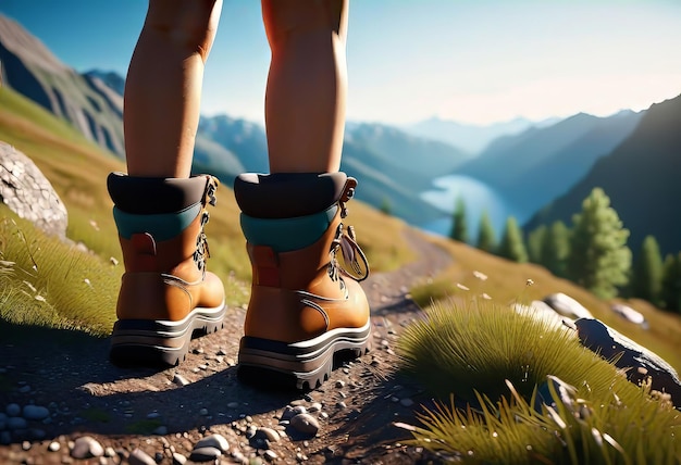 gambe femminili in stivali da trekking sullo sfondo delle montagne e della natura concetto di trekking