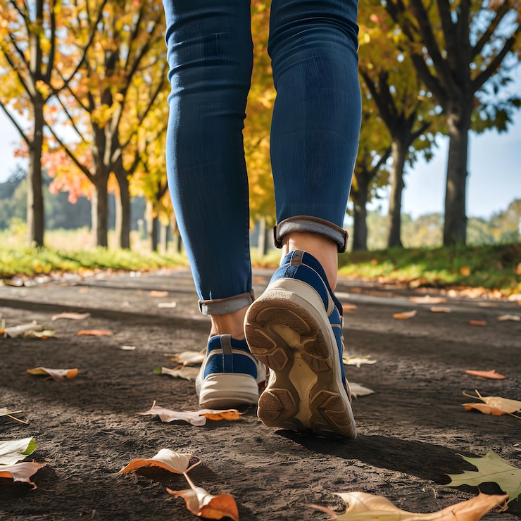 Foto gambe in jeans e scarpe sportive sul sentiero autunnale atmosfera serena stagionale
