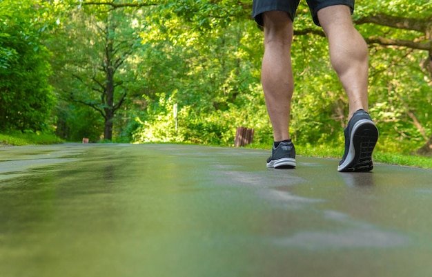Gambe in scarpe da ginnastica da vicino l'atleta corre nel parco all'aperto intorno all'erba verde delle querce della foresta