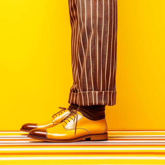 gambe maschili eleganti irriconoscibili in scarpe retrò su sfondo giallo
