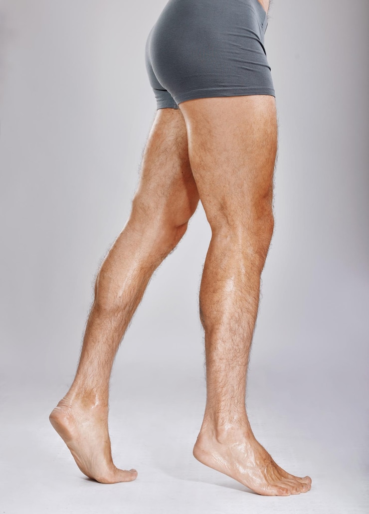 Foto gambe o muscoli dell'uomo sullo sfondo dello studio per gli obiettivi di allenamento dell'allenamento di controllo del fitness o benessere dell'esercizio in studio bodybuilder modello di biancheria intima e piedi forti dell'atleta su sfondo grigio per l'assistenza sanitaria