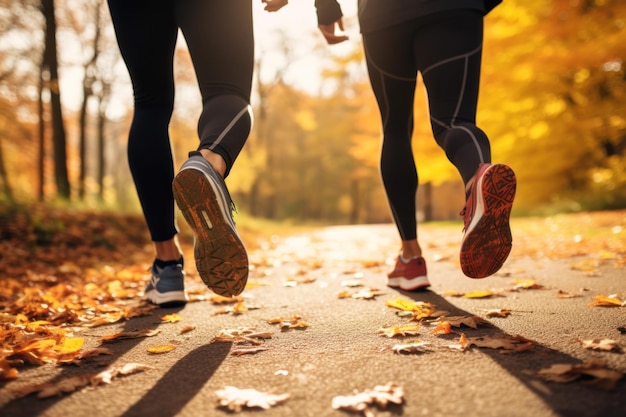 Gambe vicine a coppia durante l'allenamento di jogging in un parco cittadino d'autunno