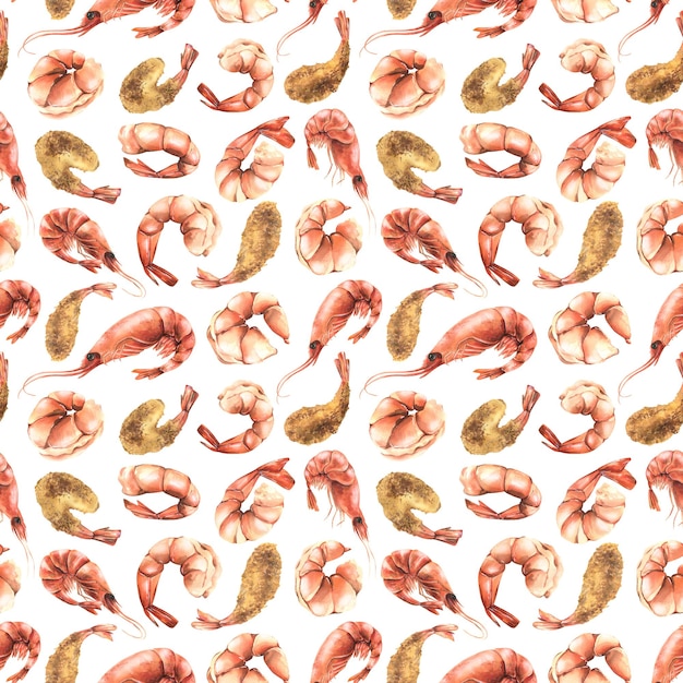 Gamberetti bolliti e fritti sgusciati e non sgusciati Illustrazione dell'acquerello Modello senza cuciture su sfondo bianco della collezione SHRIMP Per la progettazione e la progettazione di confezioni di ricette di menu