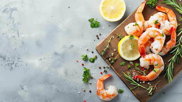 gamberetti freschi con limone ed erbe vegetali su una tavola di legno pronti per la cottura