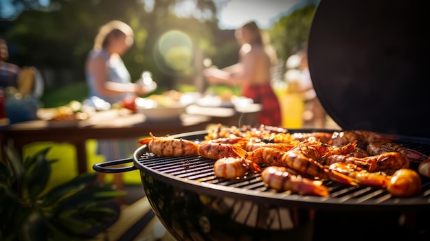 gamberi alla griglia su barbecue in giardino tra amici generato da ai